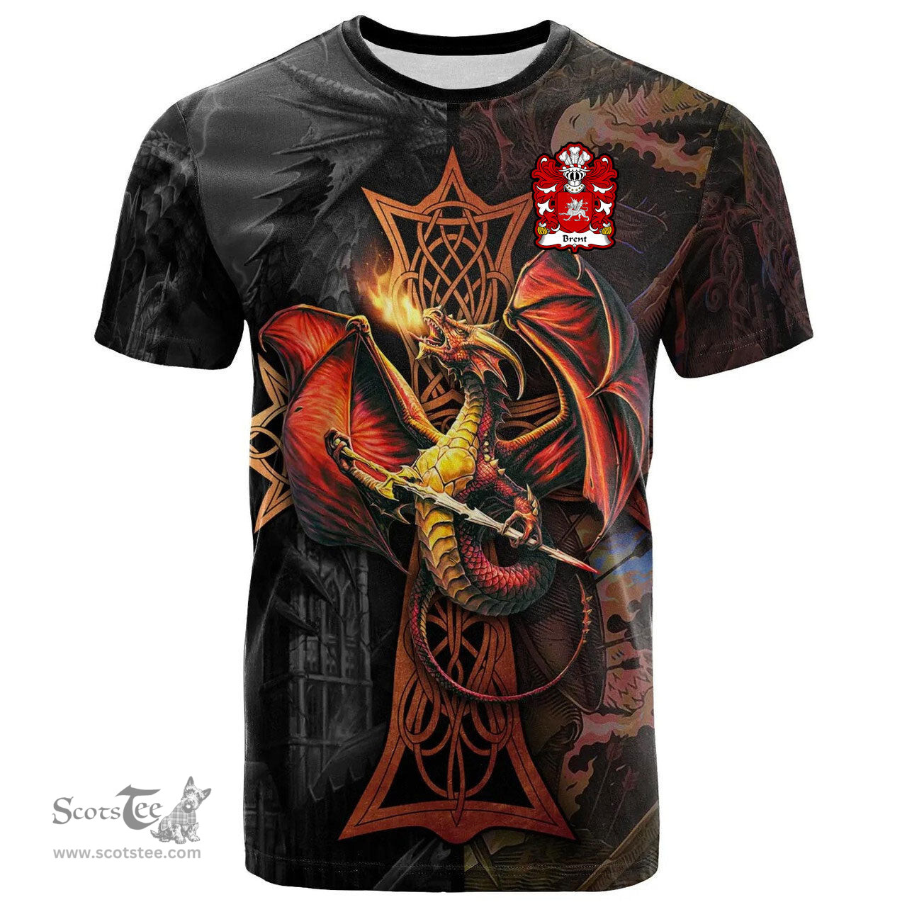 ScotsTee Shop Welsh Brent of Pembrokeshire Coat of Arms Family Crest Wales T Shirt Celtic Cross and Dragon With Sword T Shirt