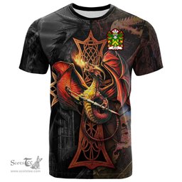 ScotsTee Shop Welsh Blaidd AB ELFARCH Coat of Arms Family Crest Wales T Shirt Celtic Cross and Dragon With Sword T Shirt