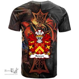 ScotsTee Shop Welsh Bowen of Pentre Ifan Pembrokeshire Coat of Arms Family Crest Wales T Shirt Celtic Cross and Dragon With Sword T Shirt