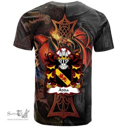 ScotsTee Shop Welsh Adda of Mochnant Coat of Arms Family Crest Wales T Shirt Celtic Cross and Dragon With Sword T Shirt