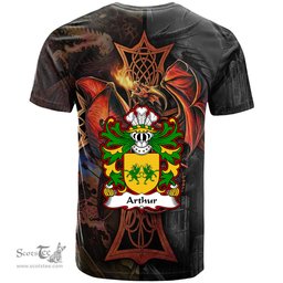 ScotsTee Shop Welsh Arthur I ab uthr pendragon King Arthur Coat of Arms Family Crest Wales T Shirt Celtic Cross and Dragon With Sword T Shirt