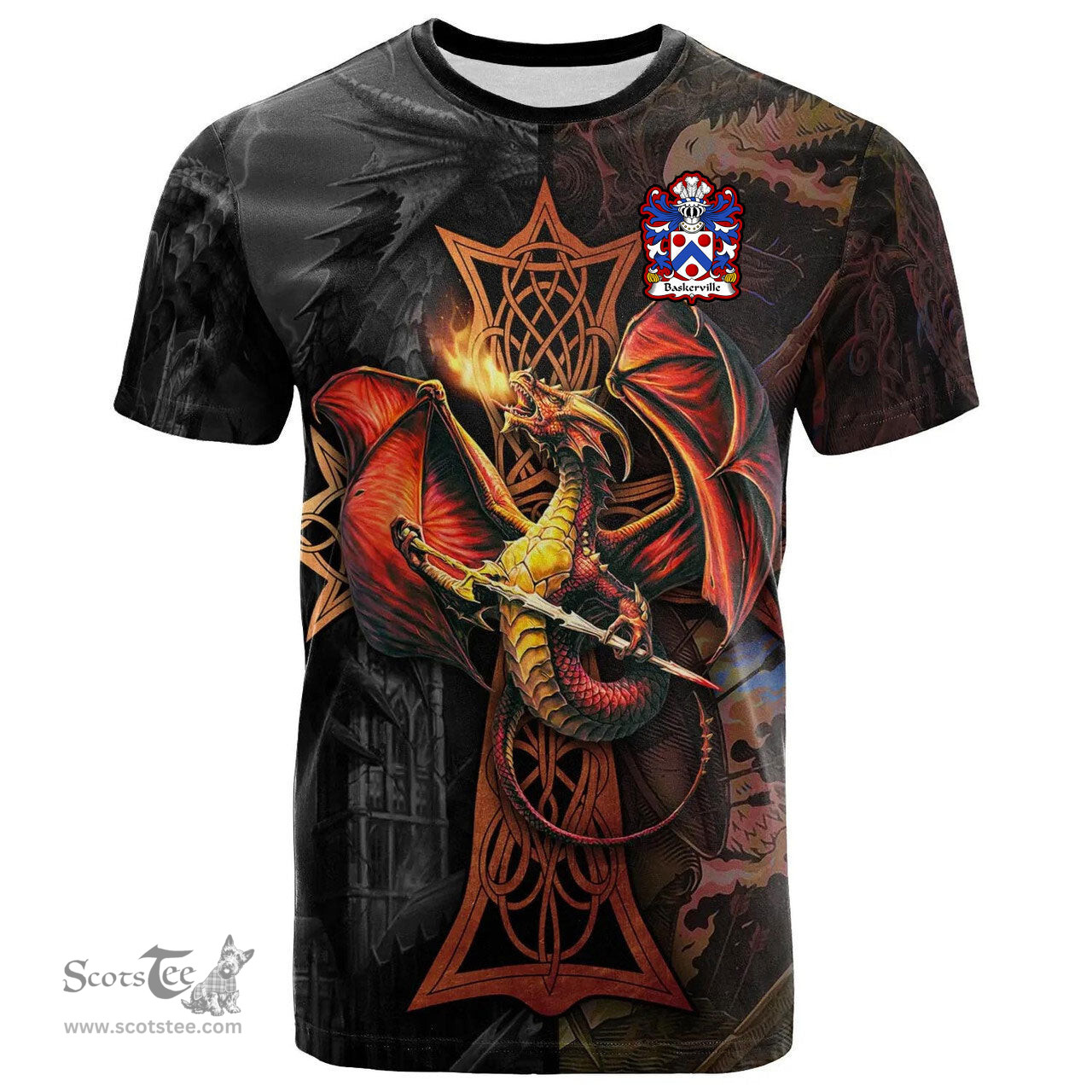 ScotsTee Shop Welsh Baskerville of Eardisley Herefordshire Coat of Arms Family Crest Wales T Shirt Celtic Cross and Dragon With Sword T Shirt