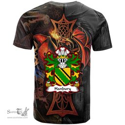 ScotsTee Shop Welsh Hanbury of Pontypool Monmouthshire Coat of Arms Family Crest Wales T Shirt Celtic Cross and Dragon With Sword T Shirt