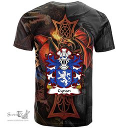ScotsTee Shop Welsh Cynan AB ELFYW Father of Marchudd Coat of Arms Family Crest Wales T Shirt Celtic Cross and Dragon With Sword T Shirt