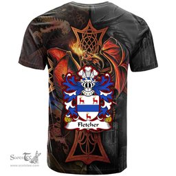 ScotsTee Shop Welsh Fletcher of Treborth Caernarfonshire Coat of Arms Family Crest Wales T Shirt Celtic Cross and Dragon With Sword T Shirt