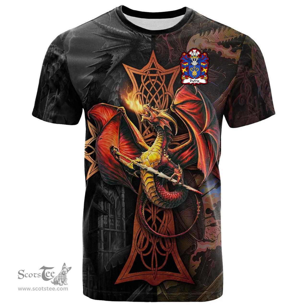 ScotsTee Shop Welsh Dyfrig Dubricius Saint Coat of Arms Family Crest Wales T Shirt Celtic Cross and Dragon With Sword T Shirt