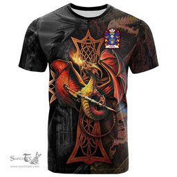 ScotsTee Shop Welsh Dyfrig Dubricius Saint Coat of Arms Family Crest Wales T Shirt Celtic Cross and Dragon With Sword T Shirt