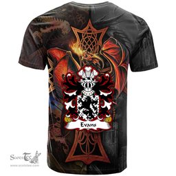 ScotsTee Shop Welsh Evans of Is coed Flint Coat of Arms Family Crest Wales T Shirt Celtic Cross and Dragon With Sword T Shirt