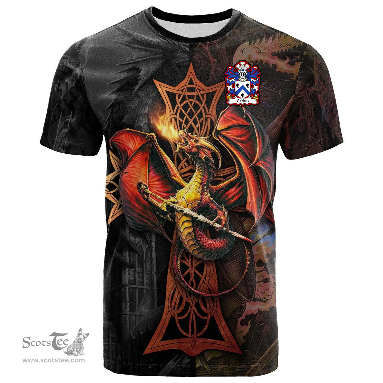 ScotsTee Shop Welsh Gethin a soldier in Normandy in 1430s Coat of Arms Family Crest Wales T Shirt Celtic Cross and Dragon With Sword T Shirt