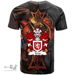 ScotsTee Shop Welsh Grey or Gray lords of Powys Coat of Arms Family Crest Wales T Shirt Celtic Cross and Dragon With Sword T Shirt
