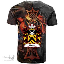 ScotsTee Shop Welsh Harry AP THOMAS Coat of Arms Family Crest Wales T Shirt Celtic Cross and Dragon With Sword T Shirt