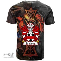 ScotsTee Shop Welsh Dryhurst of Denbighshire Coat of Arms Family Crest Wales T Shirt Celtic Cross and Dragon With Sword T Shirt