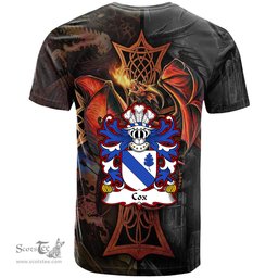 ScotsTee Shop Welsh Cox of Norton Monmouthshire Coat of Arms Family Crest Wales T Shirt Celtic Cross and Dragon With Sword T Shirt