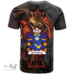 ScotsTee Shop Welsh Chambers of Denbighshire Coat of Arms Family Crest Wales T Shirt Celtic Cross and Dragon With Sword T Shirt