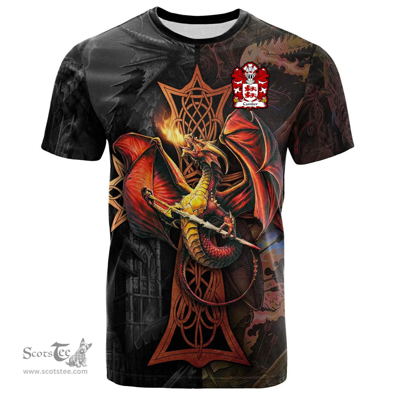 ScotsTee Shop Welsh Camber AP BRUTUS Coat of Arms Family Crest Wales T Shirt Celtic Cross and Dragon With Sword T Shirt