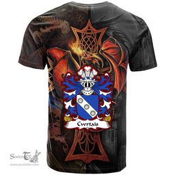 ScotsTee Shop Welsh Cwrtais Courteys Curthoyse Curtis Coat of Arms Family Crest Wales T Shirt Celtic Cross and Dragon With Sword T Shirt