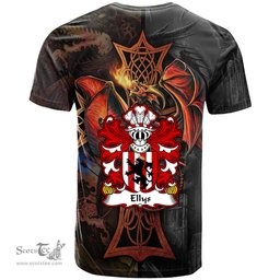 ScotsTee Shop Welsh Ellys of Denbighshire Coat of Arms Family Crest Wales T Shirt Celtic Cross and Dragon With Sword T Shirt