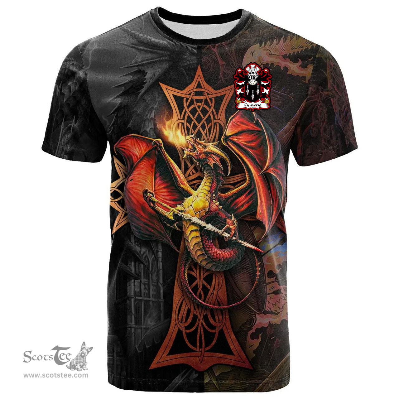 ScotsTee Shop Welsh Cynwrig SAIS Coat of Arms Family Crest Wales T Shirt Celtic Cross and Dragon With Sword T Shirt