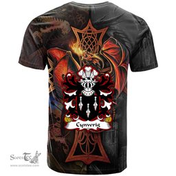 ScotsTee Shop Welsh Cynwrig SAIS Coat of Arms Family Crest Wales T Shirt Celtic Cross and Dragon With Sword T Shirt