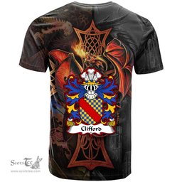 ScotsTee Shop Welsh Clifford of Herefordshire Coat of Arms Family Crest Wales T Shirt Celtic Cross and Dragon With Sword T Shirt