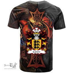 ScotsTee Shop Welsh Carew of Pembrokeshire Coat of Arms Family Crest Wales T Shirt Celtic Cross and Dragon With Sword T Shirt