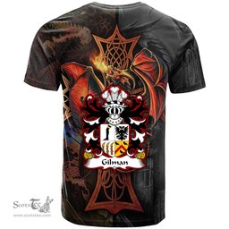 ScotsTee Shop Welsh Gilman Claims descent from Cilmin Troed ddu Coat of Arms Family Crest Wales T Shirt Celtic Cross and Dragon With Sword T Shirt