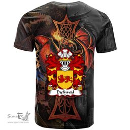 ScotsTee Shop Welsh Dyfnwal MOELMUD Coat of Arms Family Crest Wales T Shirt Celtic Cross and Dragon With Sword T Shirt