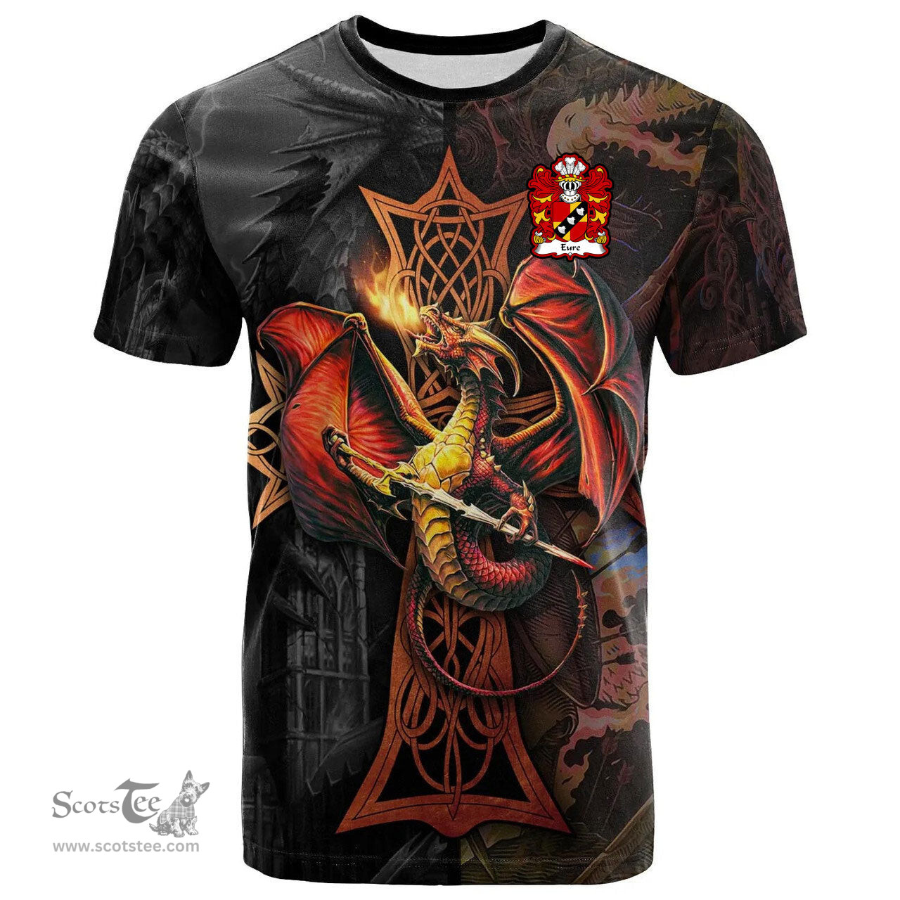 ScotsTee Shop Welsh Eure Commander of Slebech Pembrokeshire Coat of Arms Family Crest Wales T Shirt Celtic Cross and Dragon With Sword T Shirt