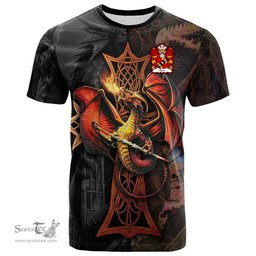 ScotsTee Shop Welsh Eure Commander of Slebech Pembrokeshire Coat of Arms Family Crest Wales T Shirt Celtic Cross and Dragon With Sword T Shirt