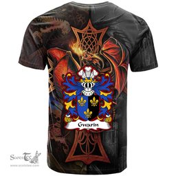 ScotsTee Shop Welsh Gwarin DDU Monmouthshire Coat of Arms Family Crest Wales T Shirt Celtic Cross and Dragon With Sword T Shirt