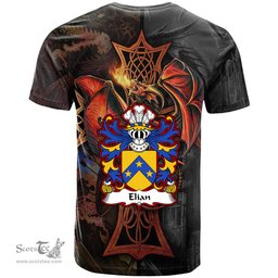 ScotsTee Shop Welsh Elian GEIMIAD Saint Coat of Arms Family Crest Wales T Shirt Celtic Cross and Dragon With Sword T Shirt