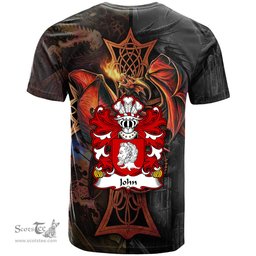 ScotsTee Shop Welsh John AP GWILYM AP RHYS Coat of Arms Family Crest Wales T Shirt Celtic Cross and Dragon With Sword T Shirt