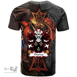ScotsTee Shop Welsh Thomas of Monmouthshire Coat of Arms Family Crest Wales T Shirt Celtic Cross and Dragon With Sword T Shirt