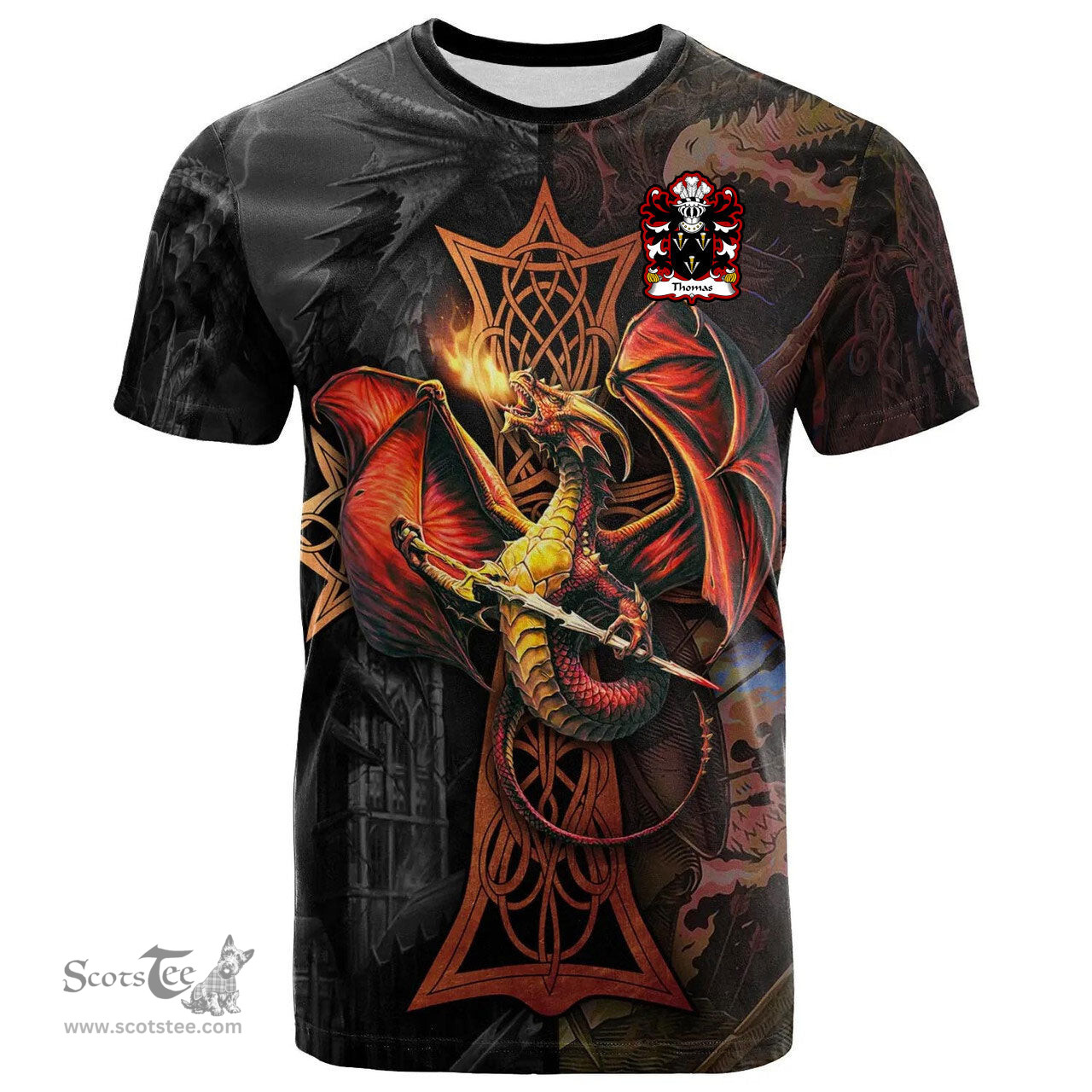 ScotsTee Shop Welsh Thomas of Monmouthshire Coat of Arms Family Crest Wales T Shirt Celtic Cross and Dragon With Sword T Shirt
