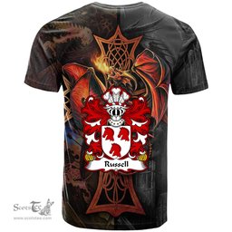 ScotsTee Shop Welsh Russell of Brimaston Pembrokeshire Coat of Arms Family Crest Wales T Shirt Celtic Cross and Dragon With Sword T Shirt