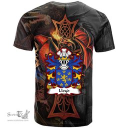 ScotsTee Shop Welsh Lloyd of Abergavenny Monmouthshire Coat of Arms Family Crest Wales T Shirt Celtic Cross and Dragon With Sword T Shirt