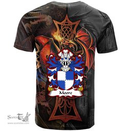 ScotsTee Shop Welsh Moore lords of Crick Monmouthshire Coat of Arms Family Crest Wales T Shirt Celtic Cross and Dragon With Sword T Shirt