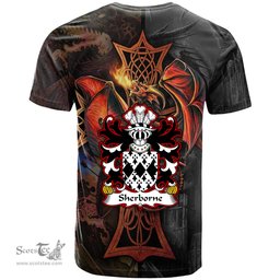 ScotsTee Shop Welsh Sherborne of Pembrokeshire Coat of Arms Family Crest Wales T Shirt Celtic Cross and Dragon With Sword T Shirt