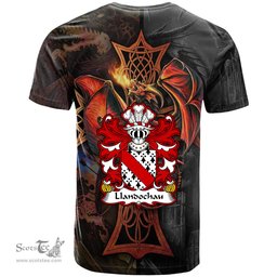 ScotsTee Shop Welsh Llandochau or Wallis Walsh Welsh lords of Llandough Coat of Arms Family Crest Wales T Shirt Celtic Cross and Dragon With Sword T Shirt