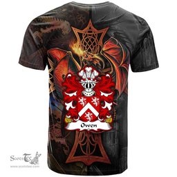 ScotsTee Shop Welsh Owen of Caer Fryn Anglesey Coat of Arms Family Crest Wales T Shirt Celtic Cross and Dragon With Sword T Shirt