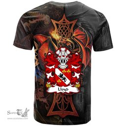 ScotsTee Shop Welsh Lloyd of Llansteffan Carmarthenshire Coat of Arms Family Crest Wales T Shirt Celtic Cross and Dragon With Sword T Shirt