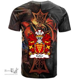 ScotsTee Shop Welsh Salter of Oswestry Shropshire Coat of Arms Family Crest Wales T Shirt Celtic Cross and Dragon With Sword T Shirt