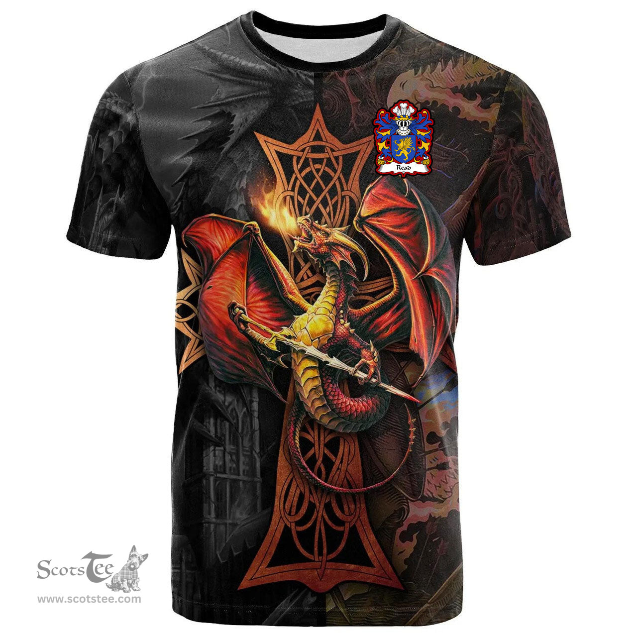 ScotsTee Shop Welsh Read of Carmarthenshire Coat of Arms Family Crest Wales T Shirt Celtic Cross and Dragon With Sword T Shirt