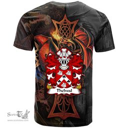 ScotsTee Shop Welsh Thelwal of Plas y ward Denbighshire Coat of Arms Family Crest Wales T Shirt Celtic Cross and Dragon With Sword T Shirt