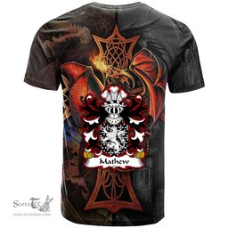 ScotsTee Shop Welsh Mathew of Lleweni Green Denbighshire Coat of Arms Family Crest Wales T Shirt Celtic Cross and Dragon With Sword T Shirt