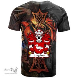 ScotsTee Shop Welsh Langford of Allington Gresford Denbighshire Coat of Arms Family Crest Wales T Shirt Celtic Cross and Dragon With Sword T Shirt