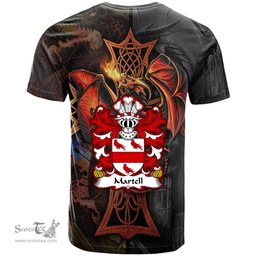 ScotsTee Shop Welsh Martell lords of Llanfaches Montgomeryshire Coat of Arms Family Crest Wales T Shirt Celtic Cross and Dragon With Sword T Shirt