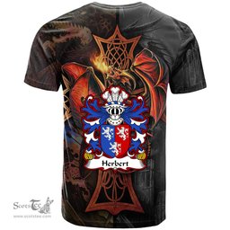 ScotsTee Shop Welsh Herbert 1st Earl of Pembrokeshire Coat of Arms Family Crest Wales T Shirt Celtic Cross and Dragon With Sword T Shirt