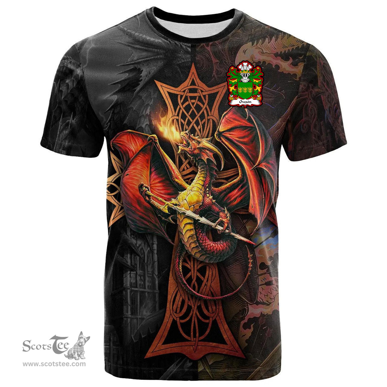 ScotsTee Shop Welsh Owain GWYNEDD Coat of Arms Family Crest Wales T Shirt Celtic Cross and Dragon With Sword T Shirt
