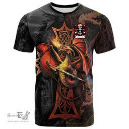 ScotsTee Shop Welsh Syward or Siward lord of Rhutin Glamorgan Coat of Arms Family Crest Wales T Shirt Celtic Cross and Dragon With Sword T Shirt